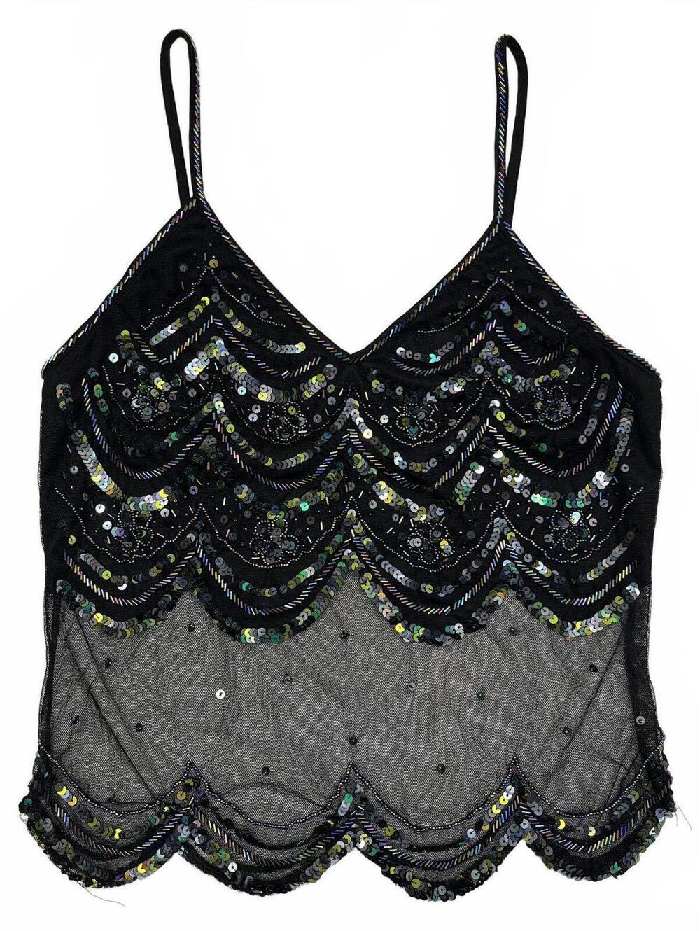 Y2K Sequinned Black Mesh Camisole With Scalloped Hem Size S Fairy Whimsigoth